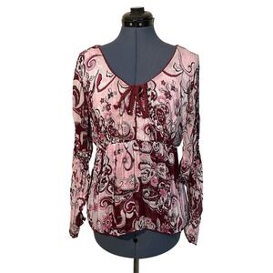 Vtg Cato Pink Paisley Tie Neck Babydoll Peasant Crinkle Top Y2K Boho Chic Cute L